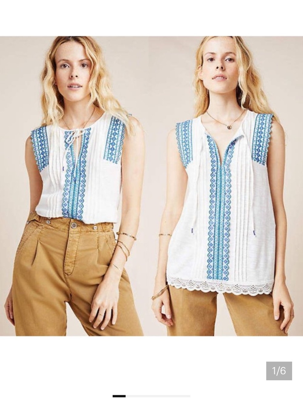 Anthropologie White Sleeveless Embroidered Tank with Blue Trim